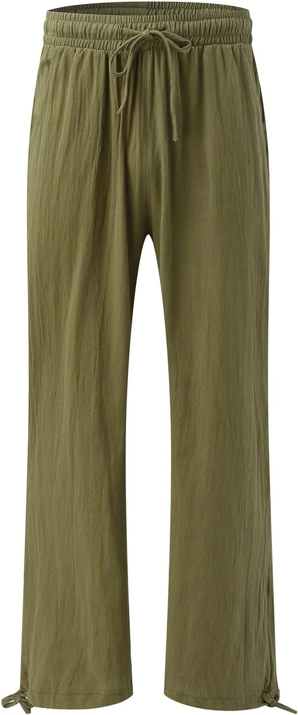 Wide Leg Palazzo Pants for Women Summer Flowy Boho Linen Pants Lightweight Elastic Baggy Waist Pants with Pockets