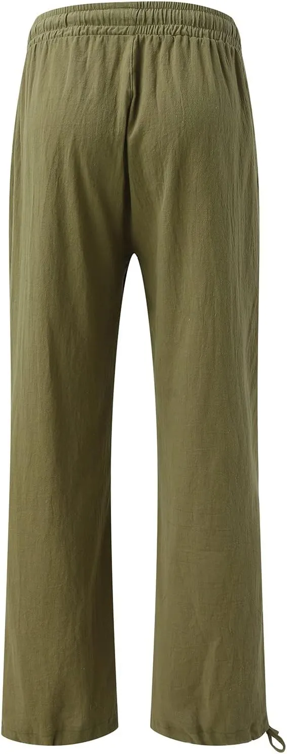 Wide Leg Palazzo Pants for Women Summer Flowy Boho Linen Pants Lightweight Elastic Baggy Waist Pants with Pockets