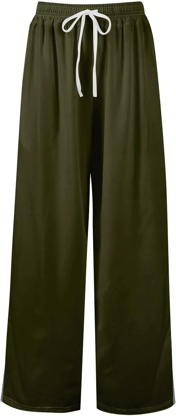 Wide Leg Pants for Women Casual Summer High Waistd Flowy Beach Pants Drawstring Elastic Waist Solid Pockets Trousers
