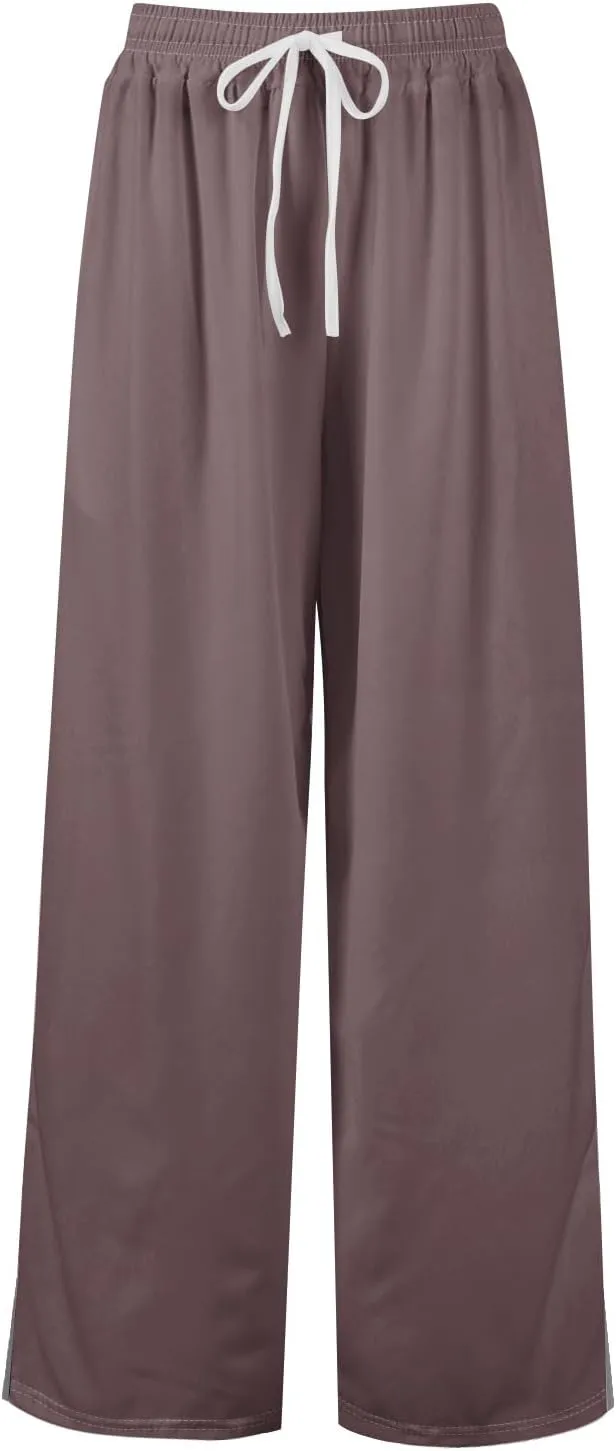 Wide Leg Pants for Women Casual Summer High Waistd Flowy Beach Pants Drawstring Elastic Waist Solid Pockets Trousers