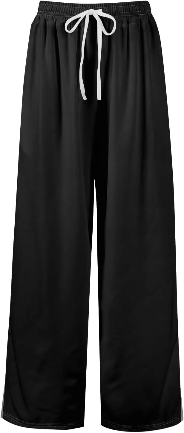Wide Leg Pants for Women Casual Summer High Waistd Flowy Beach Pants Drawstring Elastic Waist Solid Pockets Trousers