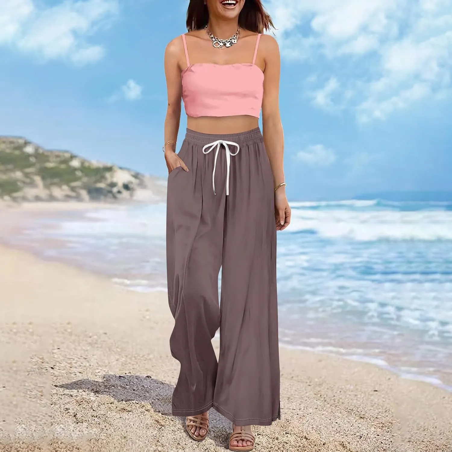 Wide Leg Pants for Women Casual Summer High Waistd Flowy Beach Pants Drawstring Elastic Waist Solid Pockets Trousers