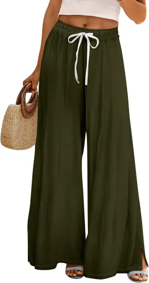 Wide Leg Pants for Women Casual Summer High Waistd Flowy Beach Pants Drawstring Elastic Waist Solid Pockets Trousers