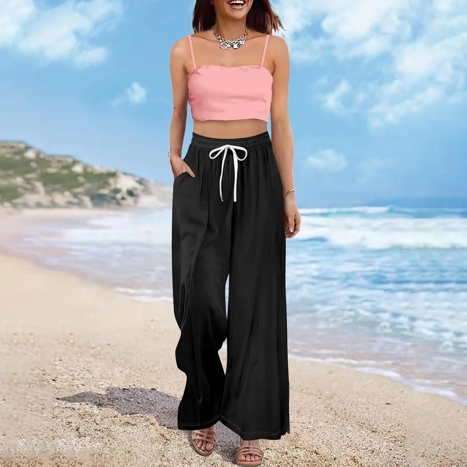 Wide Leg Pants for Women Casual Summer High Waistd Flowy Beach Pants Drawstring Elastic Waist Solid Pockets Trousers
