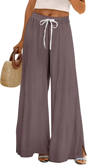 Wide Leg Pants for Women Casual Summer High Waistd Flowy Beach Pants Drawstring Elastic Waist Solid Pockets Trousers