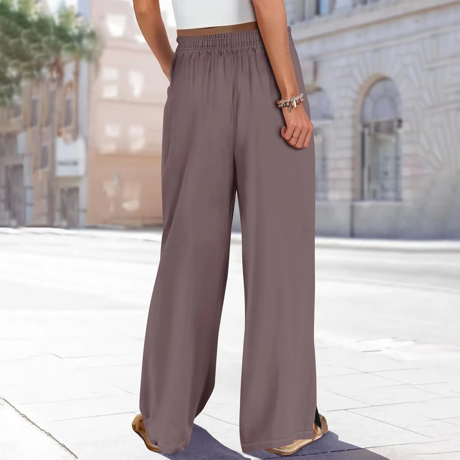 Wide Leg Pants for Women Casual Summer High Waistd Flowy Beach Pants Drawstring Elastic Waist Solid Pockets Trousers