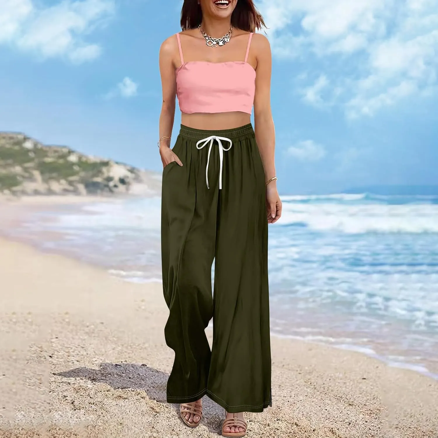 Wide Leg Pants for Women Casual Summer High Waistd Flowy Beach Pants Drawstring Elastic Waist Solid Pockets Trousers