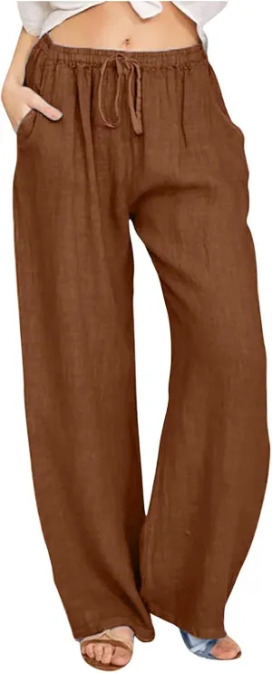 Wide Leg Pants for Women Drawstring Waist Lightweight Summer Pant with Pocket Baggy Cotton Linen Palazzo Trousers