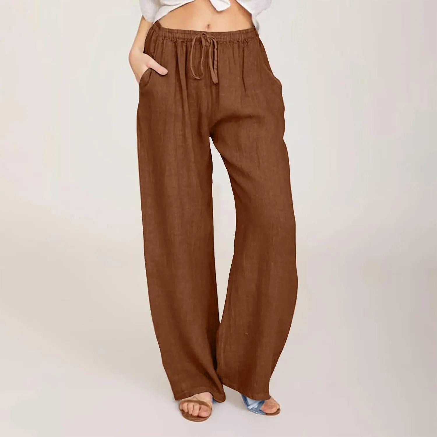 Wide Leg Pants for Women Drawstring Waist Lightweight Summer Pant with Pocket Baggy Cotton Linen Palazzo Trousers