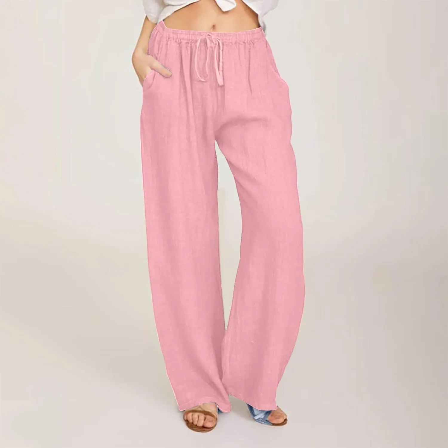 Wide Leg Pants for Women Drawstring Waist Lightweight Summer Pant with Pocket Baggy Cotton Linen Palazzo Trousers