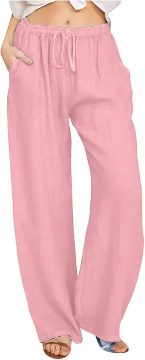 Wide Leg Pants for Women Drawstring Waist Lightweight Summer Pant with Pocket Baggy Cotton Linen Palazzo Trousers