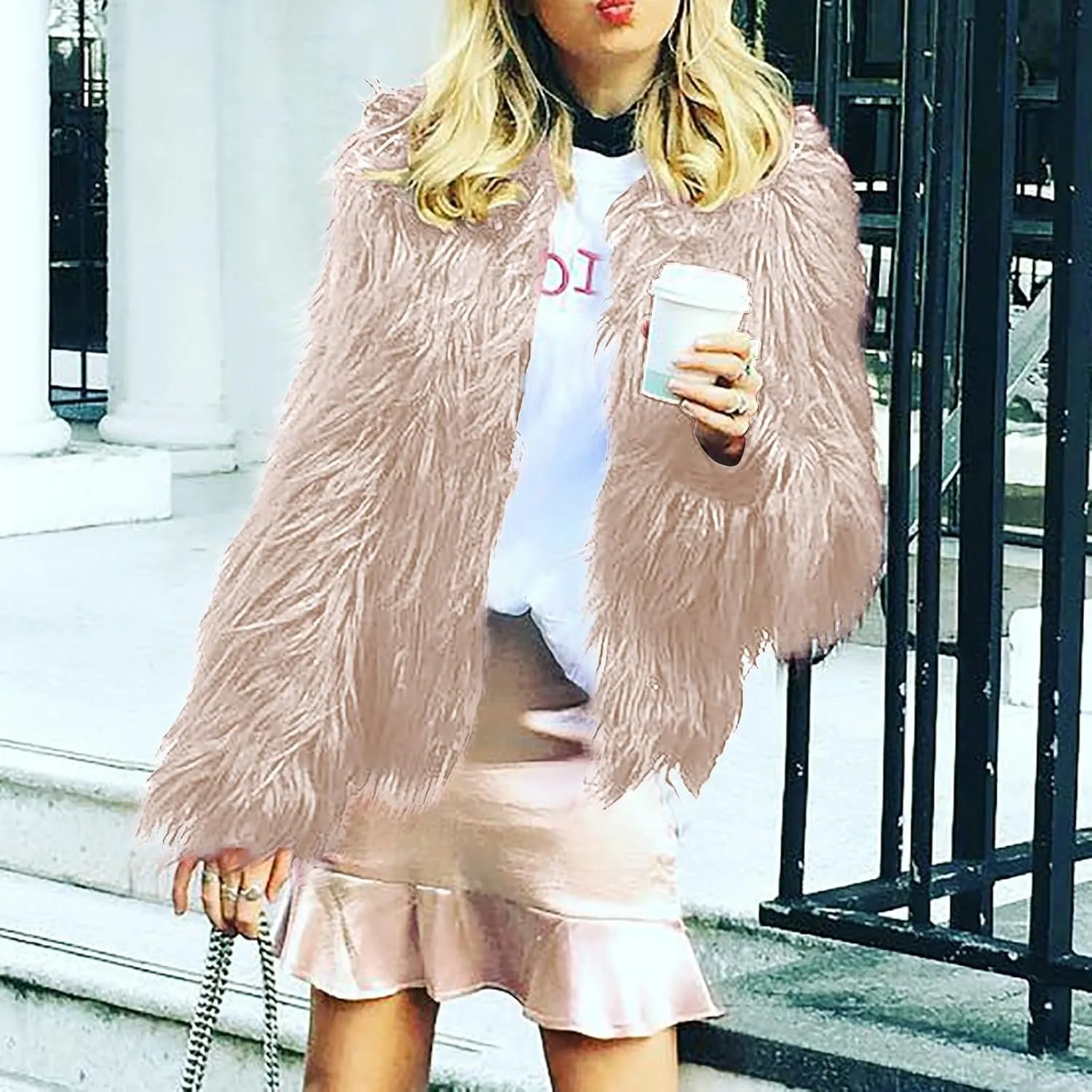 Winter Fuzzy Coats for Women Open Front Faux Fur Fluffy Soft Cardigan Long Sleeve Outwear Vintage Parka Shaggy Jacket