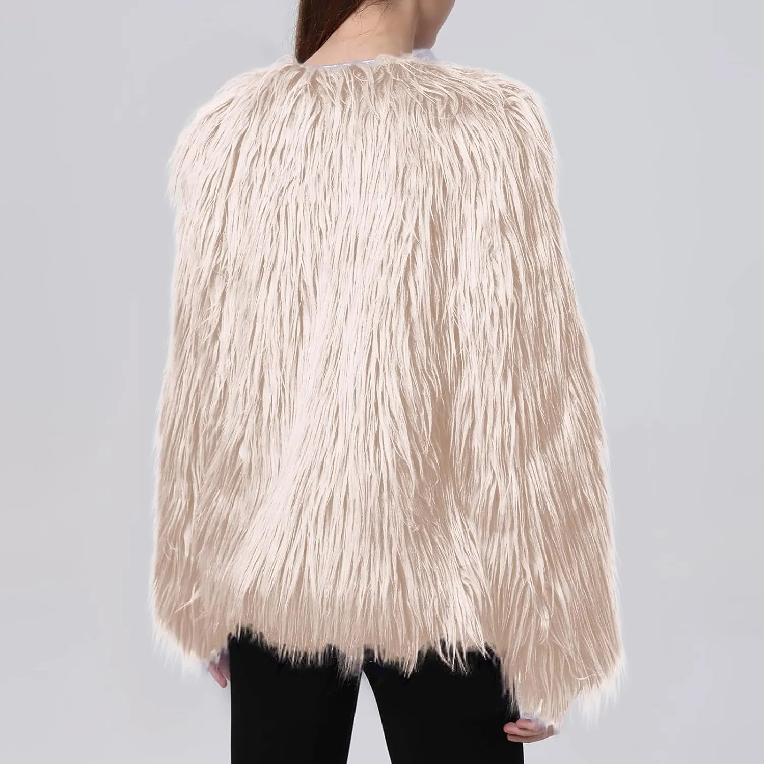 Winter Fuzzy Coats for Women Open Front Faux Fur Fluffy Soft Cardigan Long Sleeve Outwear Vintage Parka Shaggy Jacket