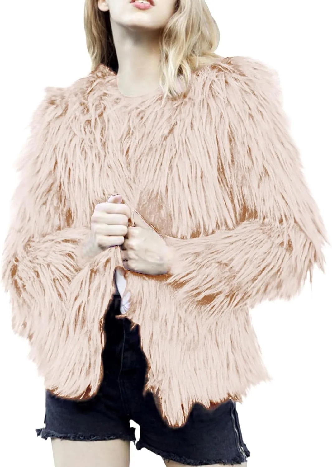 Winter Fuzzy Coats for Women Open Front Faux Fur Fluffy Soft Cardigan Long Sleeve Outwear Vintage Parka Shaggy Jacket