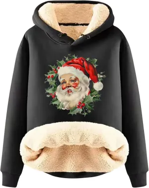 Women Christmas Fleece Lined Hoodies Santa Claus Graphics Plush Sweatshirts Trendy Loose Fit Oversize Pullovers