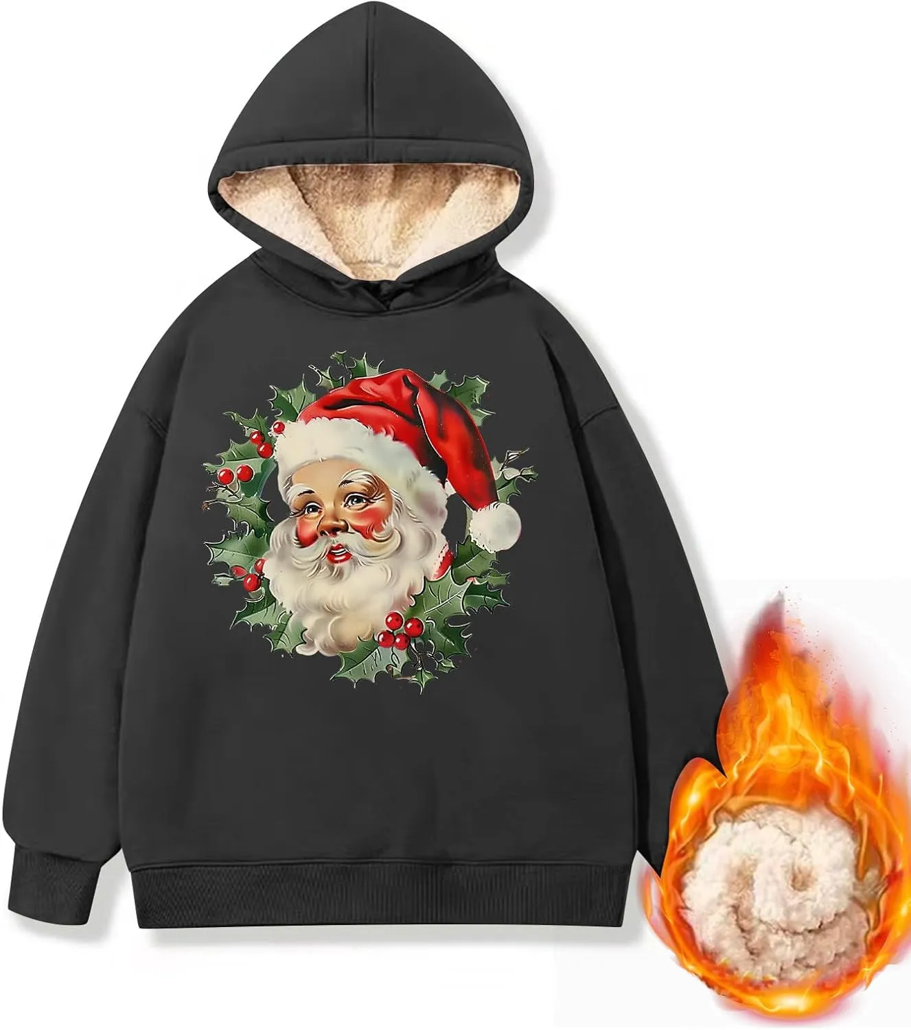 Women Christmas Fleece Lined Hoodies Santa Claus Graphics Plush Sweatshirts Trendy Loose Fit Oversize Pullovers
