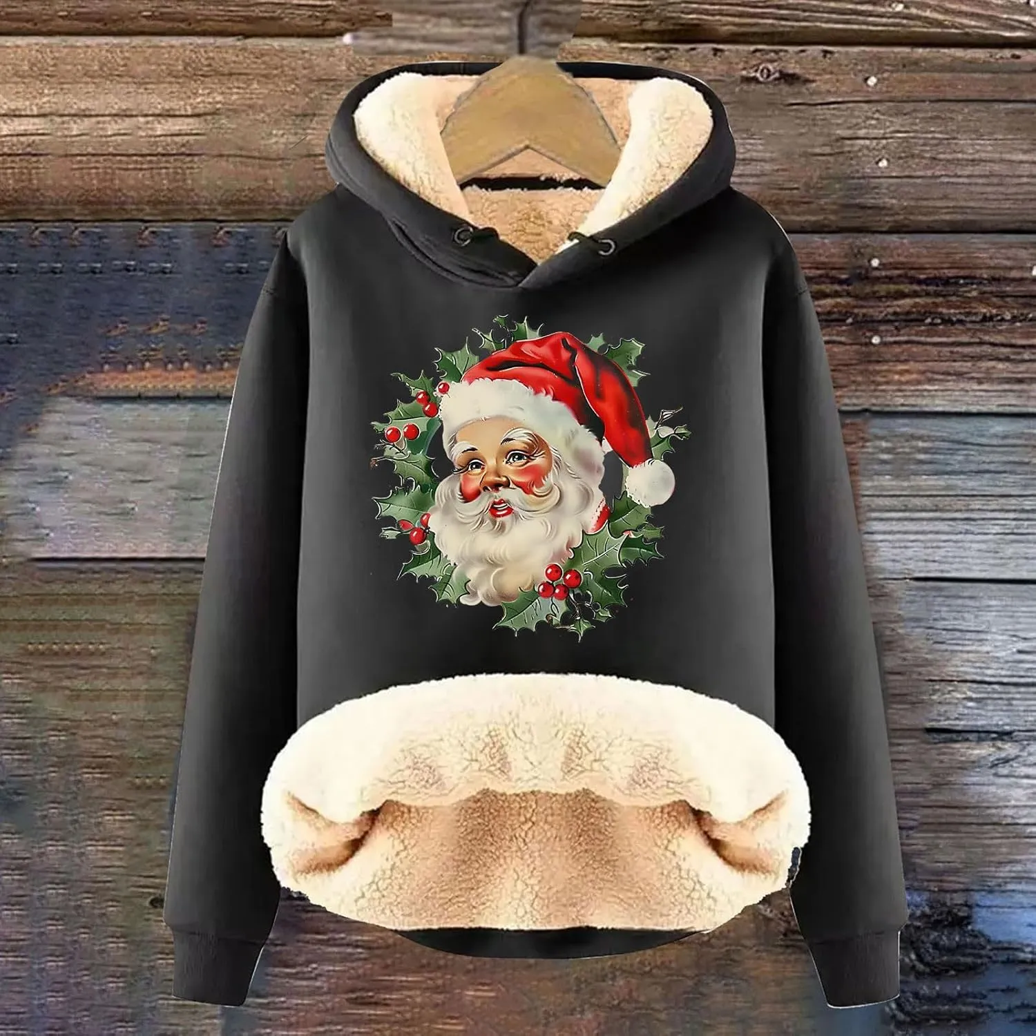 Women Christmas Fleece Lined Hoodies Santa Claus Graphics Plush Sweatshirts Trendy Loose Fit Oversize Pullovers