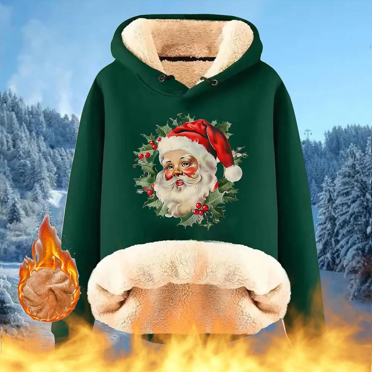 Women Christmas Fleece Lined Hoodies Santa Claus Graphics Plush Sweatshirts Trendy Loose Fit Oversize Pullovers