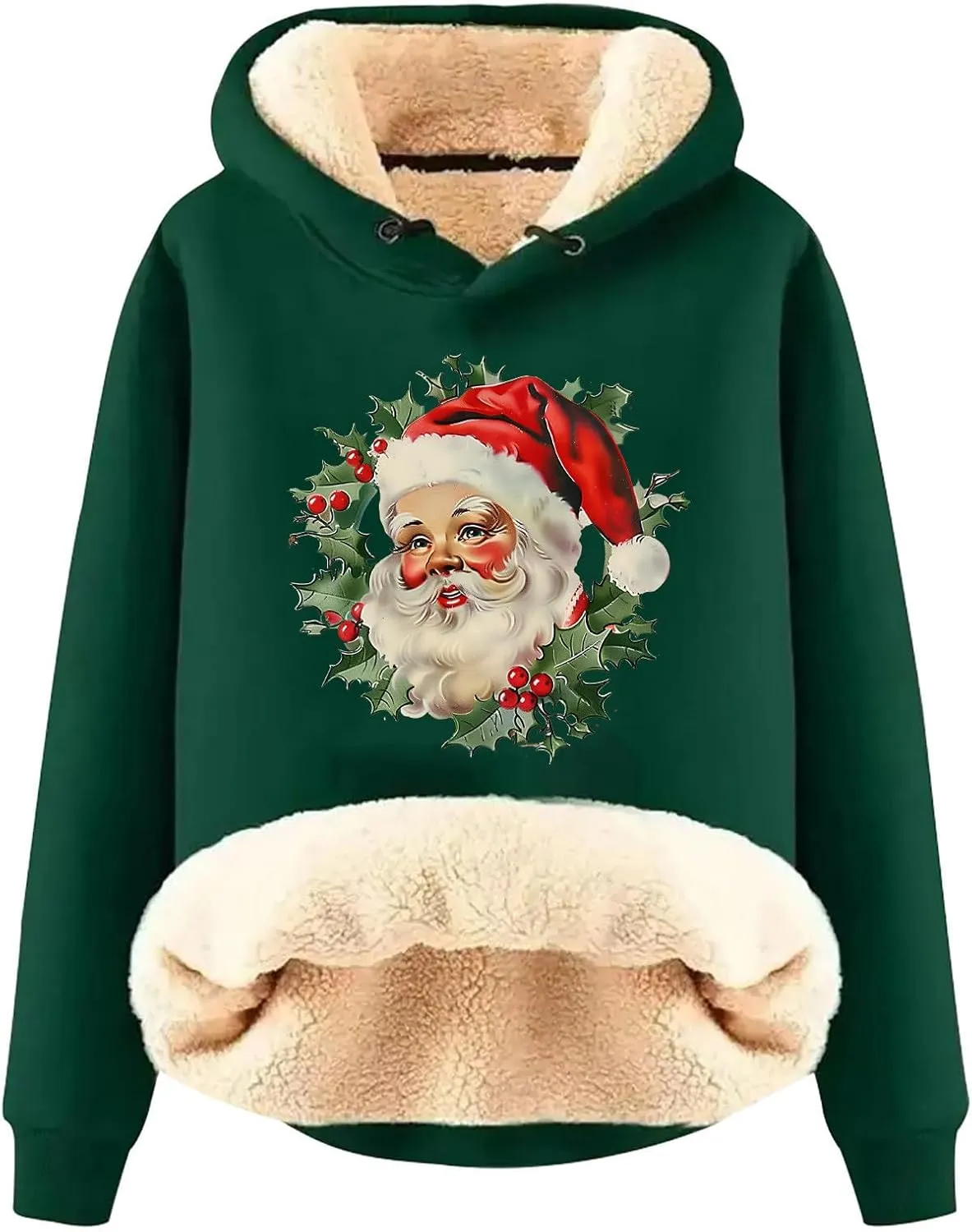 Women Christmas Fleece Lined Hoodies Santa Claus Graphics Plush Sweatshirts Trendy Loose Fit Oversize Pullovers
