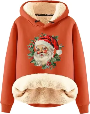 Women Christmas Fleece Lined Hoodies Santa Claus Graphics Plush Sweatshirts Trendy Loose Fit Oversize Pullovers