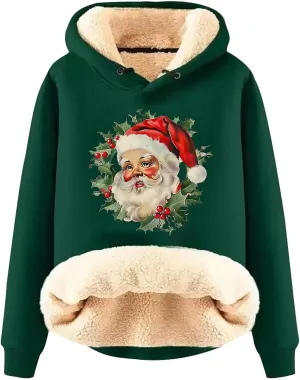 Women Christmas Fleece Lined Hoodies Santa Claus Graphics Plush Sweatshirts Trendy Loose Fit Oversize Pullovers