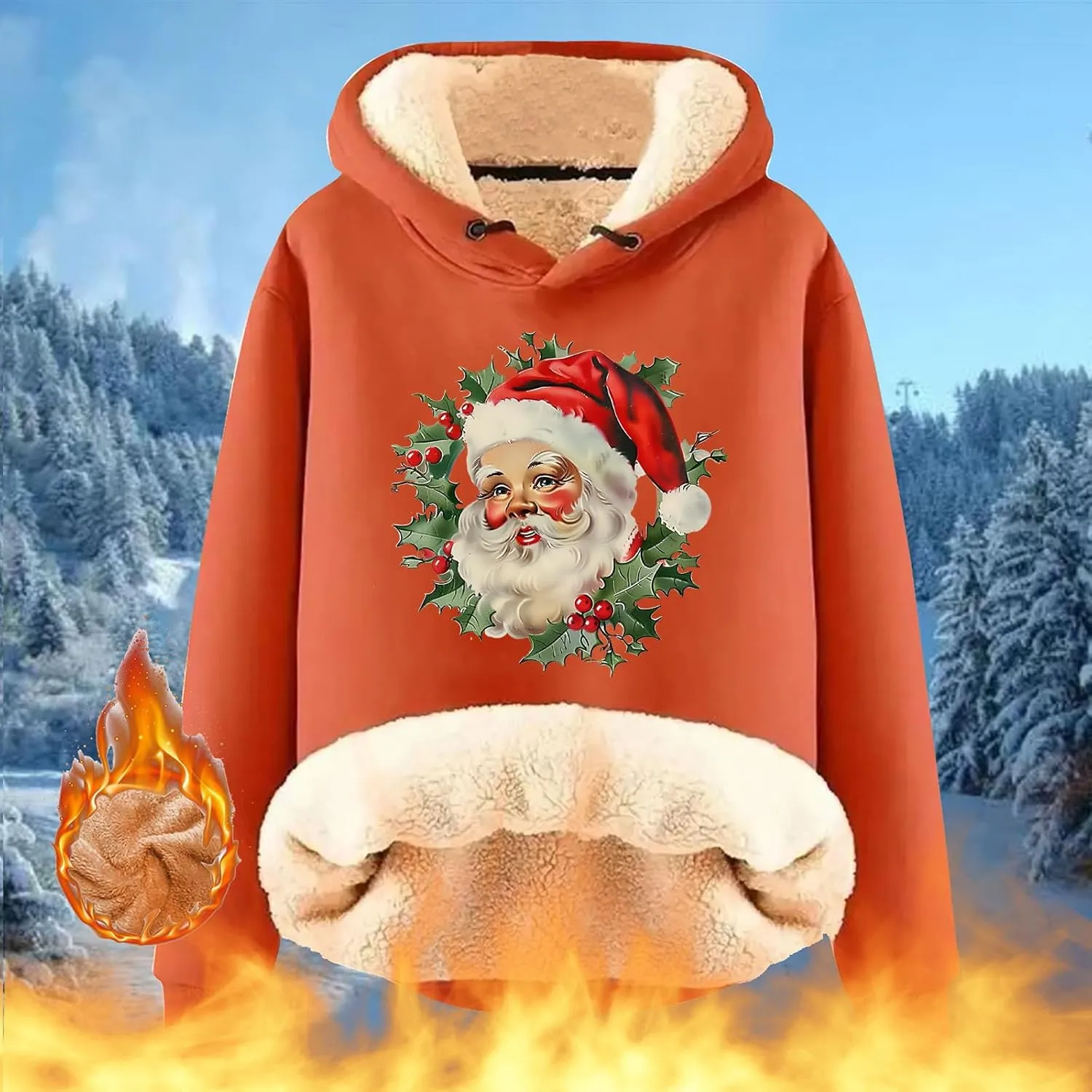 Women Christmas Fleece Lined Hoodies Santa Claus Graphics Plush Sweatshirts Trendy Loose Fit Oversize Pullovers