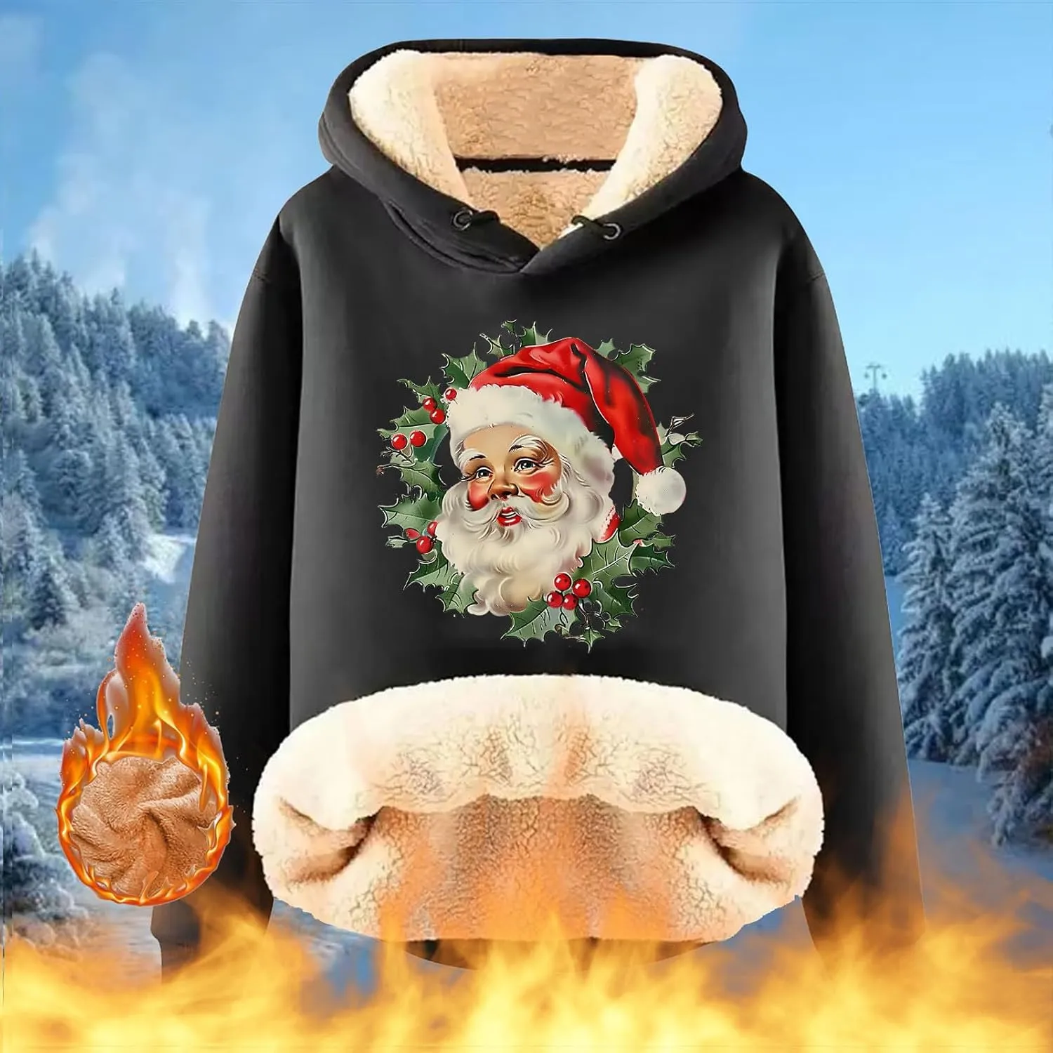Women Christmas Fleece Lined Hoodies Santa Claus Graphics Plush Sweatshirts Trendy Loose Fit Oversize Pullovers