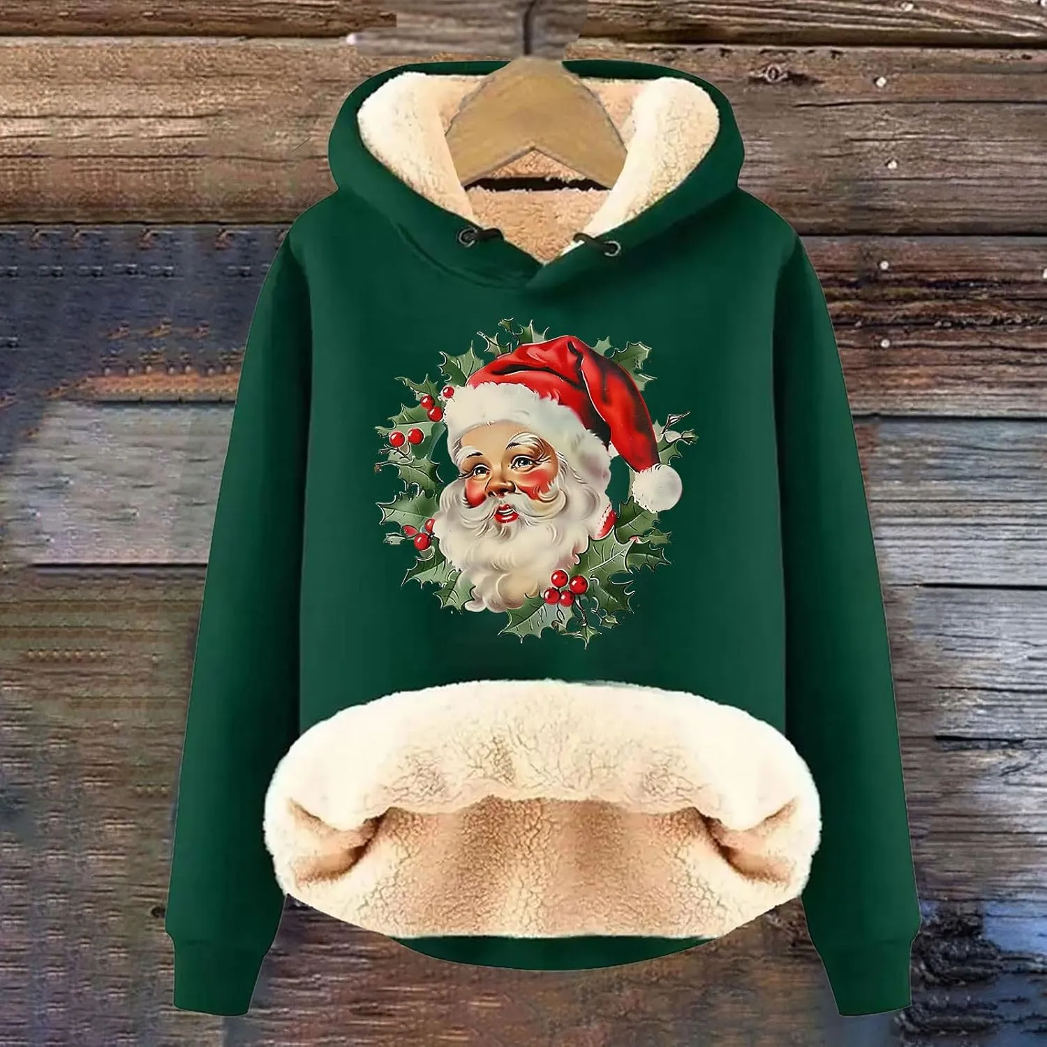 Women Christmas Fleece Lined Hoodies Santa Claus Graphics Plush Sweatshirts Trendy Loose Fit Oversize Pullovers