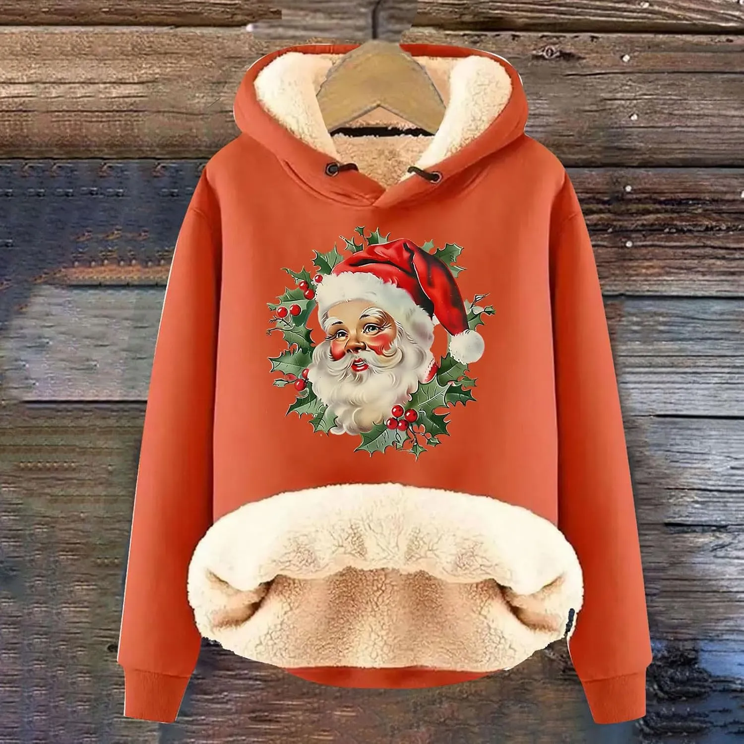Women Christmas Fleece Lined Hoodies Santa Claus Graphics Plush Sweatshirts Trendy Loose Fit Oversize Pullovers