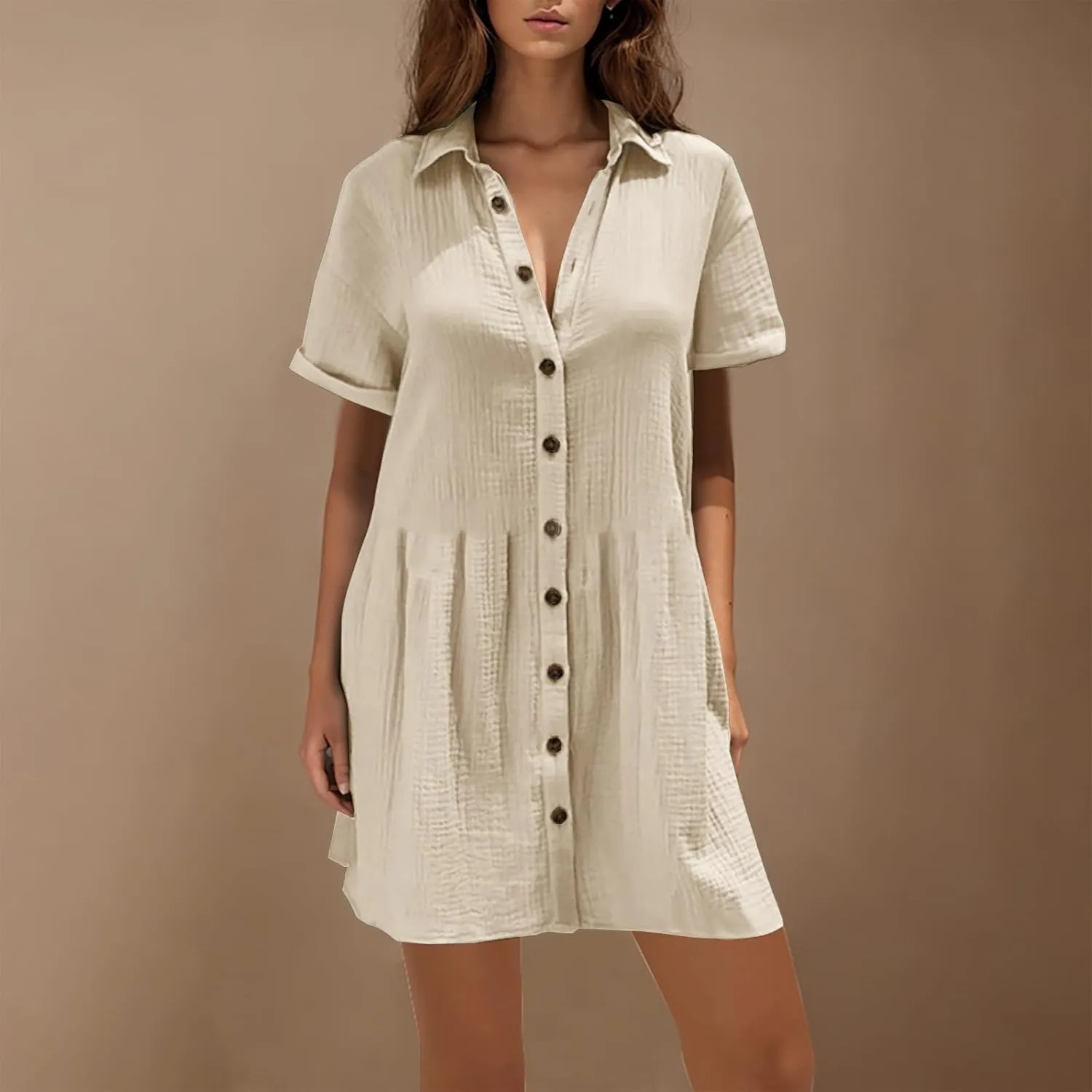 Women Cotton Linen Button Down Midi Dress, Summer Short Sleeve Loose Breathable Casual Clothes Fashion Ruched Dresses