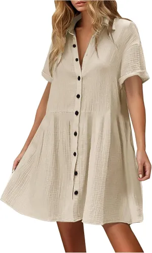 Women Cotton Linen Button Down Midi Dress, Summer Short Sleeve Loose Breathable Casual Clothes Fashion Ruched Dresses
