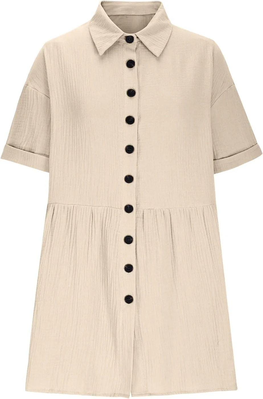 Women Cotton Linen Button Down Midi Dress, Summer Short Sleeve Loose Breathable Casual Clothes Fashion Ruched Dresses