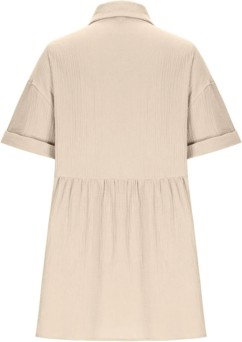 Women Cotton Linen Button Down Midi Dress, Summer Short Sleeve Loose Breathable Casual Clothes Fashion Ruched Dresses