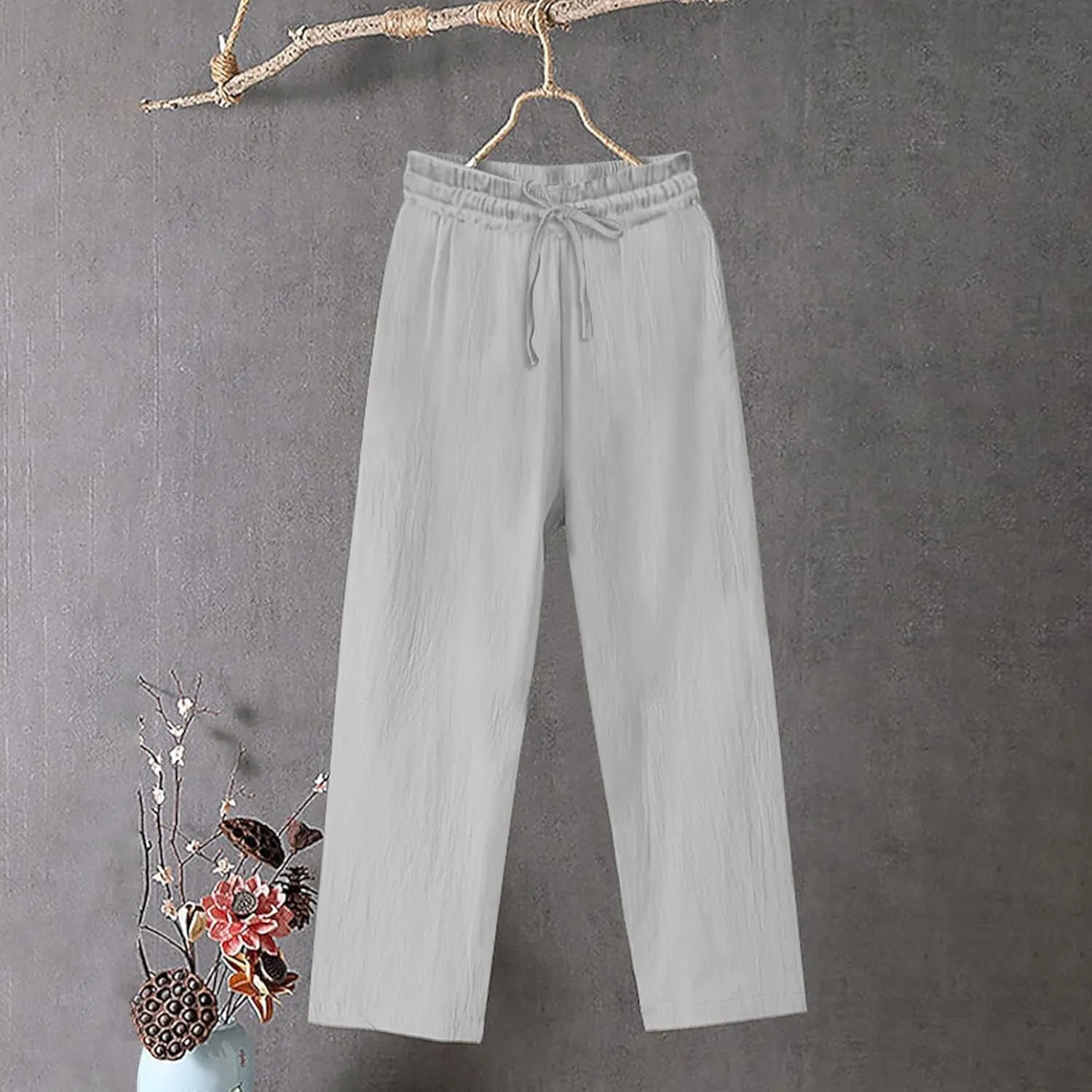 Women Cotton Linen Casual Pants, Summer Lightweight Loose Going Out Trendy Clothes Fashion Breathable Vacation Trousers
