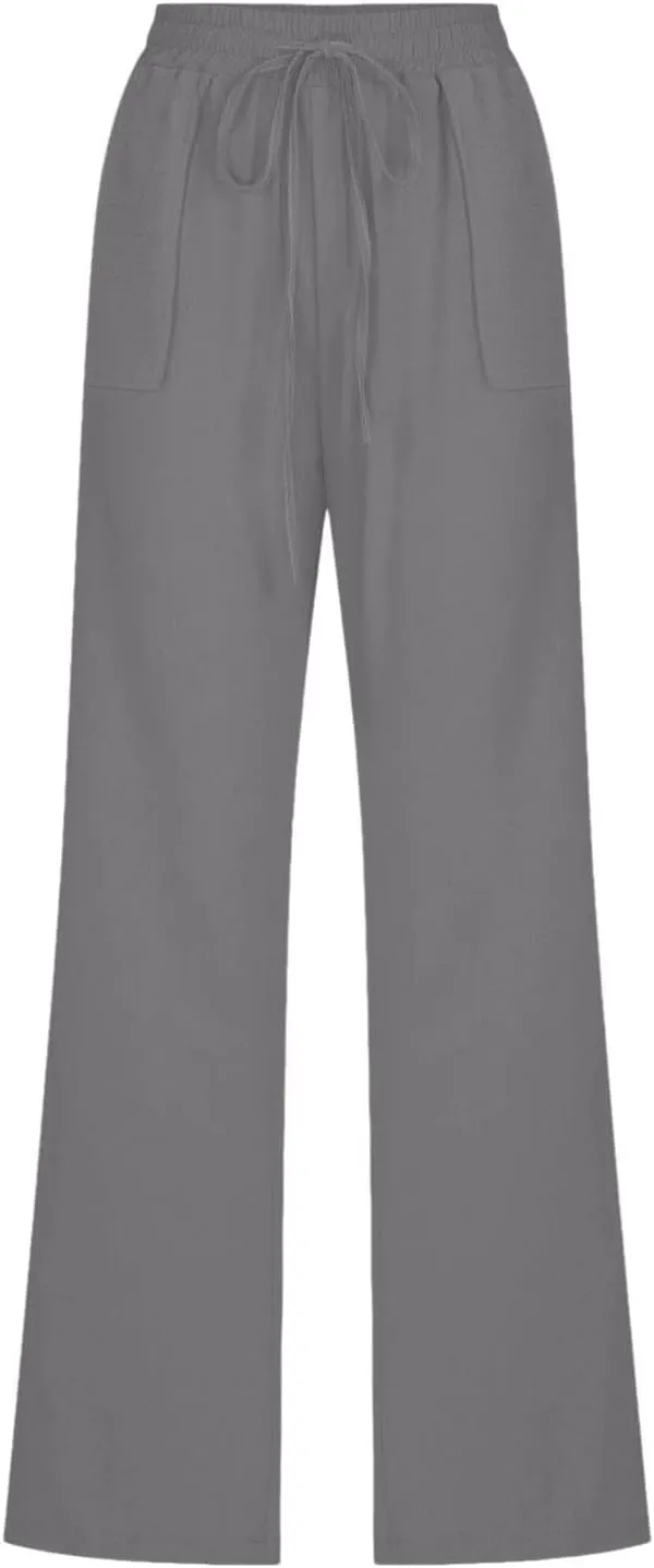 Women Cotton Linen Pants Casual Summer High Waist Drawstring Straight Leg Trousers Relax Fit Lightweight Sport Pants