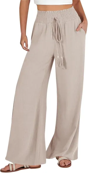 Women Cotton Linen Summer Casual Flowy Pants Elastic Waisted Bootcut Slim Fit Pant Trousers Travel