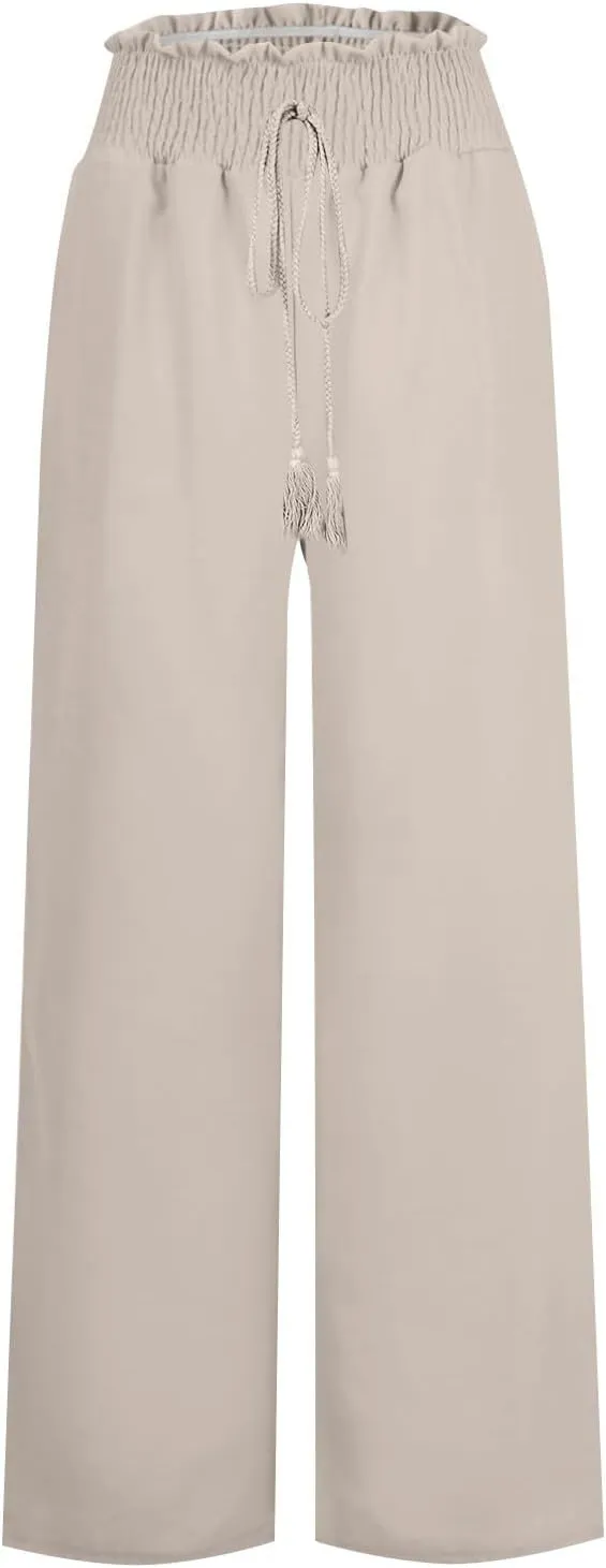 Women Cotton Linen Summer Casual Flowy Pants Elastic Waisted Bootcut Slim Fit Pant Trousers Travel