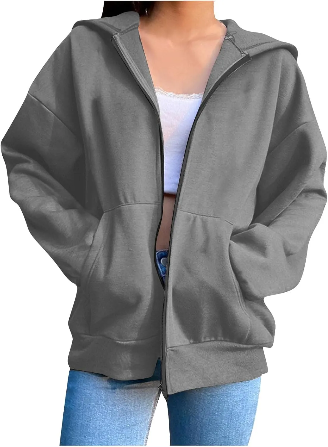 Women Full Zipper Oversized Hooded Sweatshirts Long Sleeve Drop Shoulder Hoodies Trendy Casual Pullover Y2K Clothes