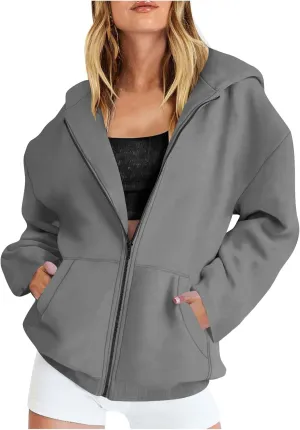 Women Full Zipper Oversized Hooded Sweatshirts Long Sleeve Drop Shoulder Hoodies Trendy Casual Pullover Y2K Clothes