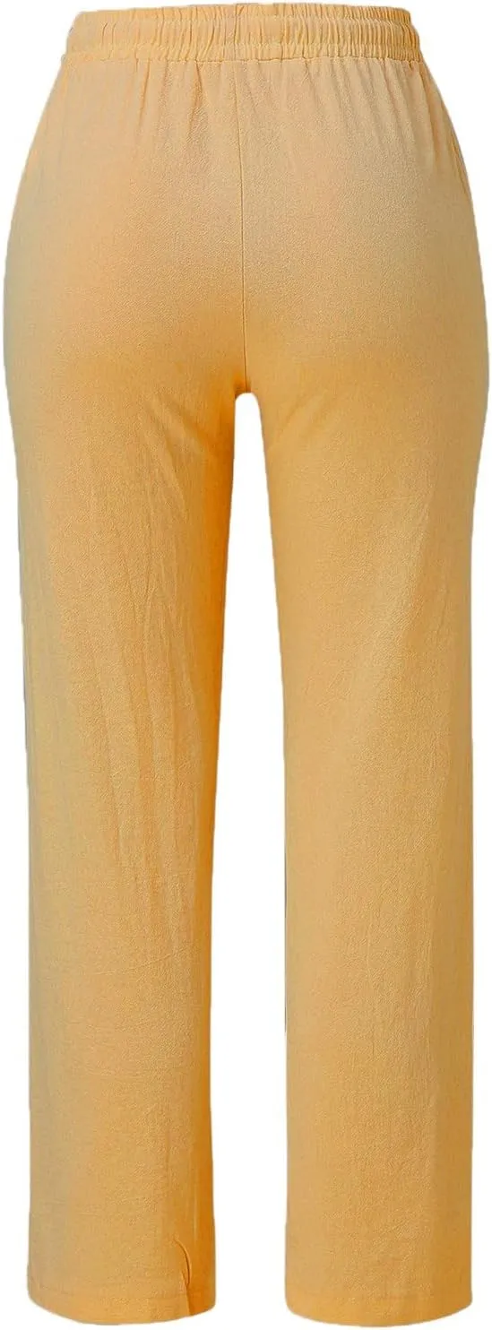Women Linen Blend Summer Loose Flowy Palazzo Pants Elastic Waisted Bootcut Slim-Fit Palazzo Pants Travel