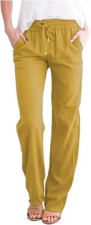 Women Linen Blend Summer Loose Flowy Palazzo Pants Elastic Waisted Bootcut Slim-Fit Palazzo Pants Travel