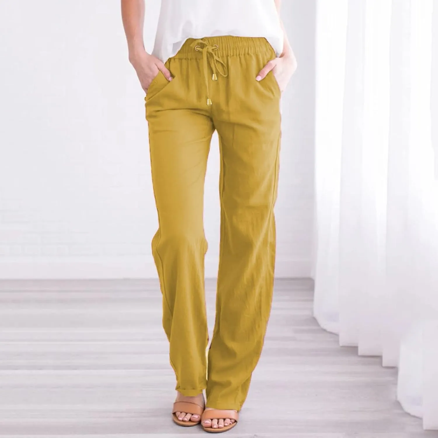 Women Linen Blend Summer Loose Flowy Palazzo Pants Elastic Waisted Bootcut Slim-Fit Palazzo Pants Travel