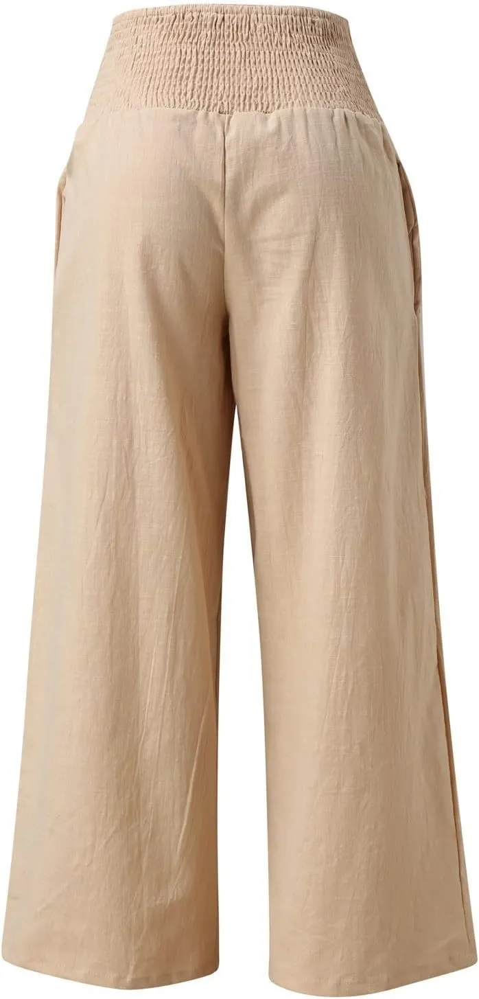 Women Linen Palazzo Pants Summer Wide Leg High Waist Casual Lounge Slacks Beach Flowy Vacation Trousers with Pockets