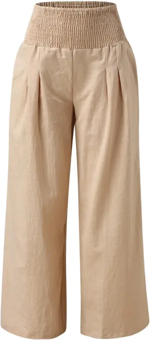 Women Linen Palazzo Pants Summer Wide Leg High Waist Casual Lounge Slacks Beach Flowy Vacation Trousers with Pockets