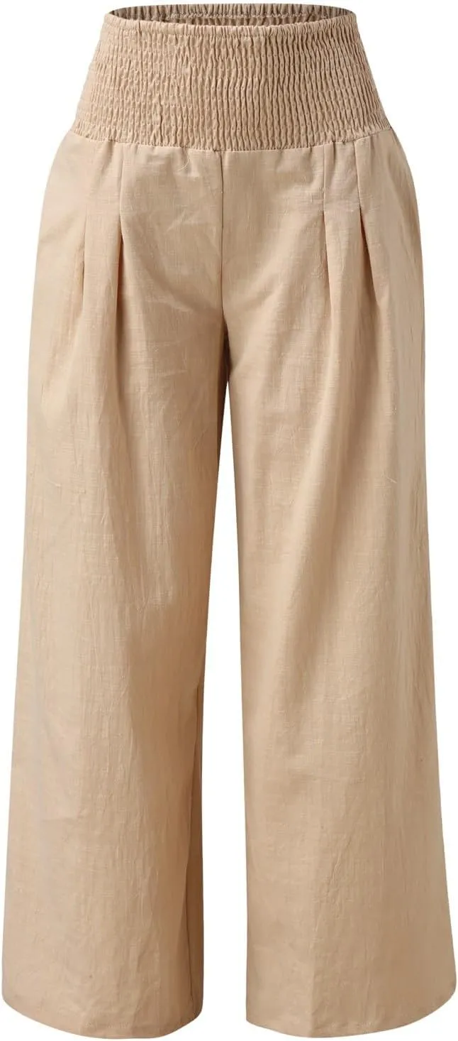 Women Linen Palazzo Pants Summer Wide Leg High Waist Casual Lounge Slacks Beach Flowy Vacation Trousers with Pockets
