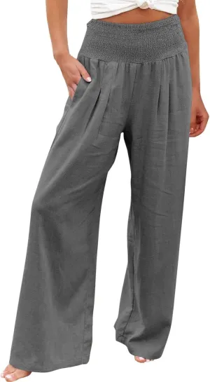 Women Linen Palazzo Pants Wide Leg High Waisted Long Lounge Pant 2025 Summer Beach Vacation Outfits Pockets Trousers