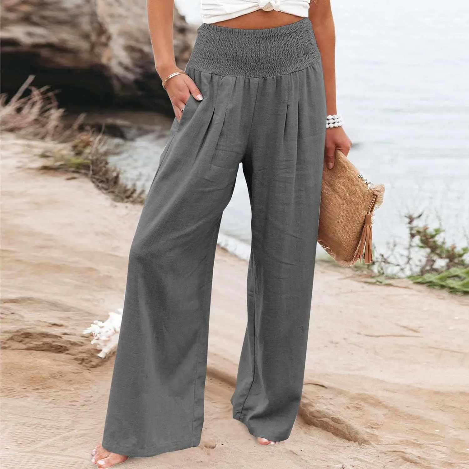 Women Linen Palazzo Pants Wide Leg High Waisted Long Lounge Pant 2025 Summer Beach Vacation Outfits Pockets Trousers