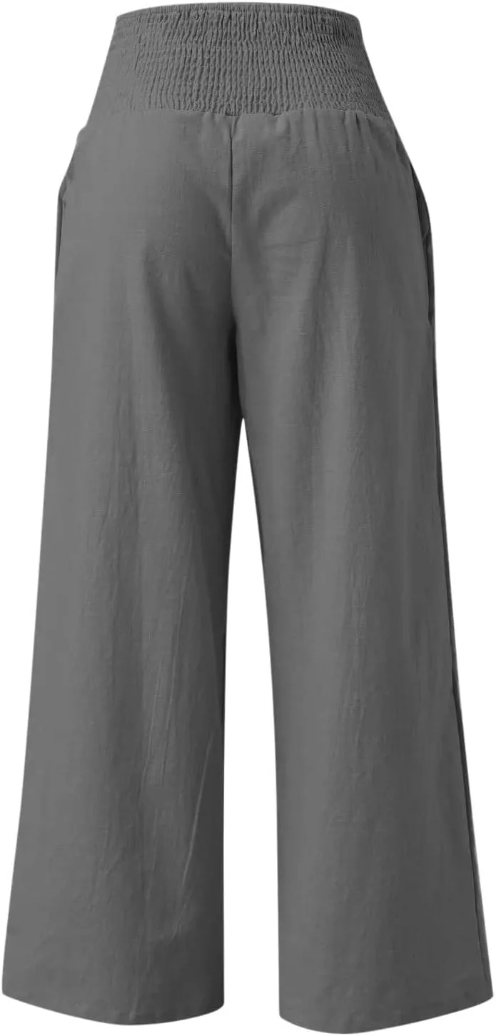 Women Linen Palazzo Pants Wide Leg High Waisted Long Lounge Pant 2025 Summer Beach Vacation Outfits Pockets Trousers