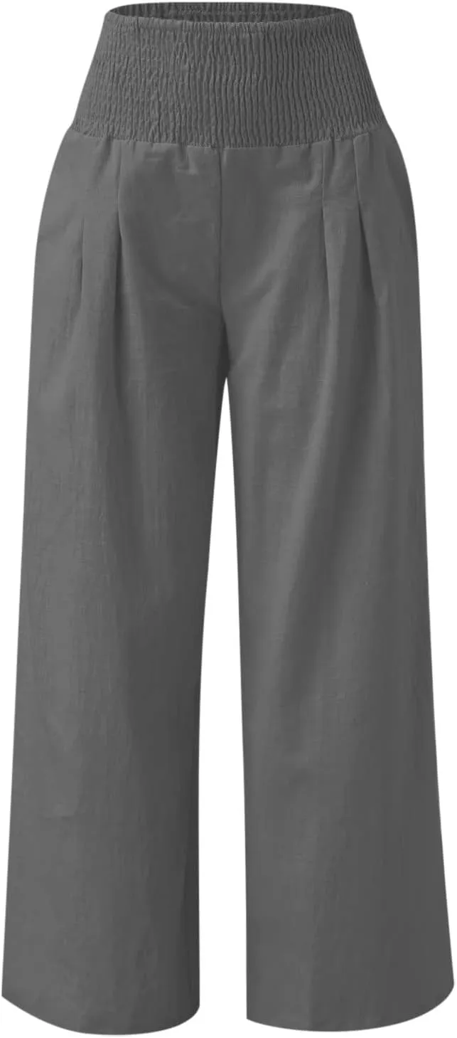 Women Linen Palazzo Pants Wide Leg High Waisted Long Lounge Pant 2025 Summer Beach Vacation Outfits Pockets Trousers