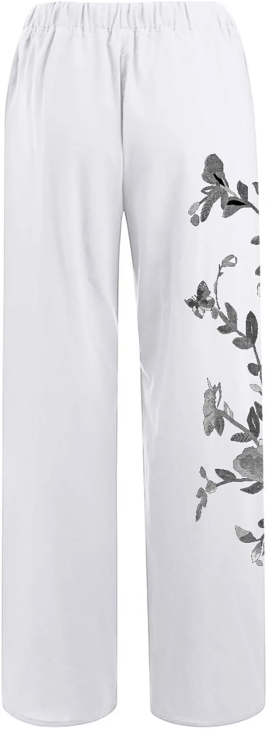Women Linen Pants 2025 Summer Drawstring High Waisted Wide Leg Pants Lounge Beach Trousers with Pockets